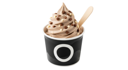 Isolated soft serve ice cream dessert in paper cup, topped with chocolate squares treat