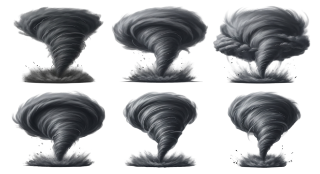 A set of dynamic twisters rising fiercely from calm waters a symbol of nature s unpredictable on transparent background