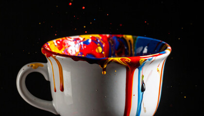 Ceramic cup with frozen moment of vibrant colorful paint splashing over rim. Glossy paint texture