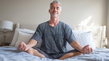 Father attempting yoga inNamaste in Bed shirt