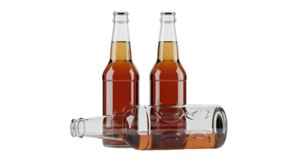 Isolated Three brown glass beer bottles are standing and lying down on the table