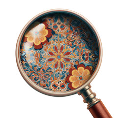 Magnifying Glass Over Ornate Colorful Floral Pattern Artwork