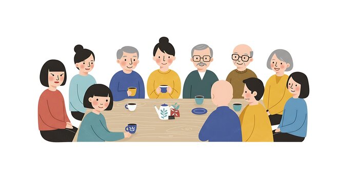 Diverse Friends and Family Gathering Enjoying Tea with Illustrated Illustration. - Powered by Adobe