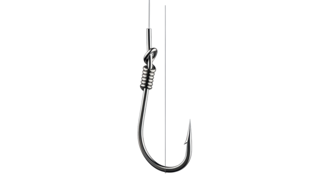 Isolated fishing hook on a fishing line is a tool for catching fish and other aquatic life