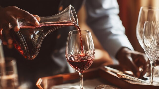 Father's hands decanting red wine into crystal glass