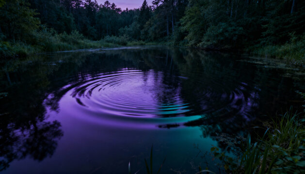 Captivating ripples on a dark forest lake at dusk. Mesmerizing concentric circles glowing with surreal purple and teal neon light create a mysterious pattern on the water surface.