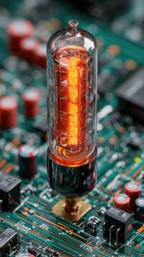 Glowing orange vacuum tube, vertically oriented, inserted into a green circuit board, surrounded by smaller electronic components.  Close-up, detailed view showcasing the tube's internal filament