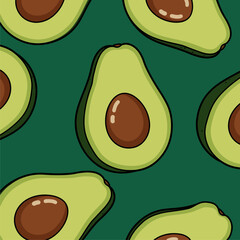 Seamless cartoon avocado pattern on a dark green background, healthy fruit illustration for design and decor