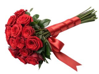 Beautiful bouquet of red roses, elegantly arranged with lush green leaves and tied with satin ribbon, perfect for expressing love and affection