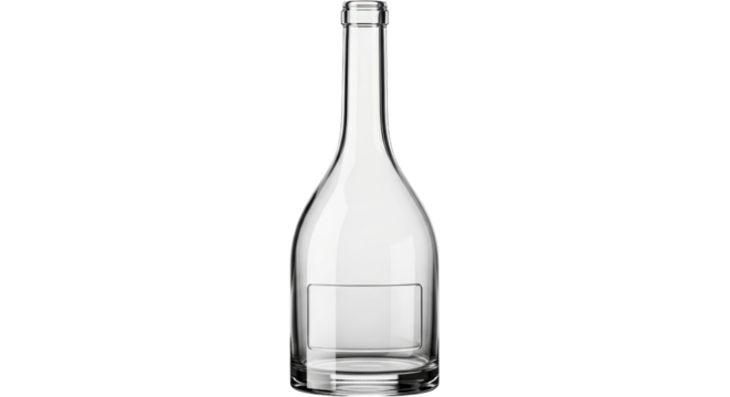 Isolated fancy glass bottle for liquids, clear container with flat label area, bar supply