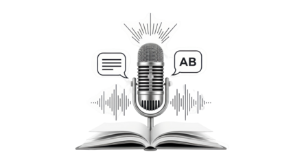 Isolated audio book cover depicting microphone sitting on open book, podcast theme art
