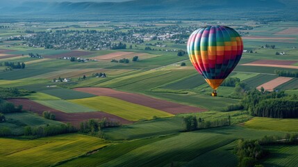 Obraz premium Hot air balloon basket overlook (patchwork fields below)