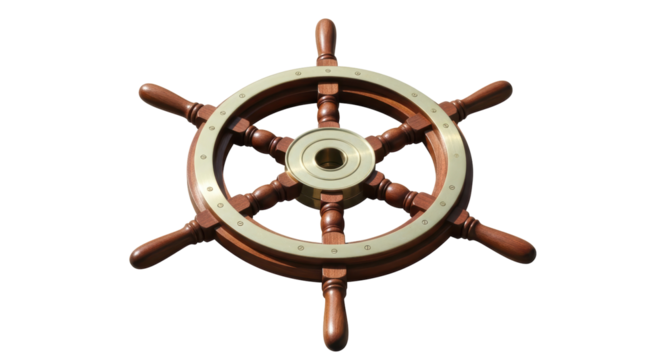 Isolated Wooden Ship Wheel with Brass Accents for Nautical Decor and Maritime Designs