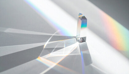 Crystal prism breaking sunlight into rainbow pattern on white surface, concept of light, perspective