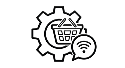 Isolated online shopping settings with gear symbol, basket, and wireless speech bubble icon