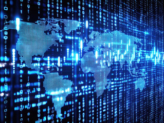 A digital representation of a world map is displayed, surrounded by flowing data streams in vibrant blue colors. The design showcases a modern interpretation of global connectivity in technology.