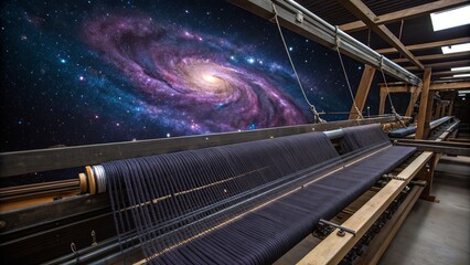 Fototapeta premium Weaving loom machine with galaxy background textile industry equipment manufacturing art