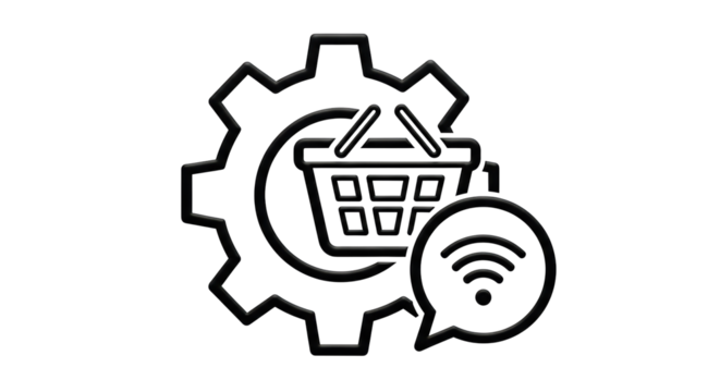 Isolated online shopping settings with gear symbol, basket, and wireless speech bubble icon