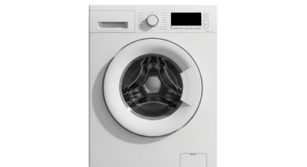Isolated modern washing machine appliance for laundry needs, simple white home appliance