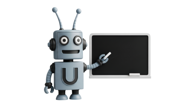 Isolated robot with chalkboard, holding a chalk, school concept, education, learning lessons