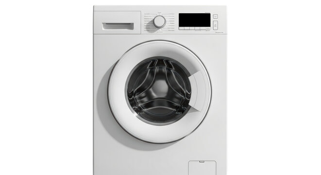 Isolated modern washing machine appliance for laundry needs, simple white home appliance
