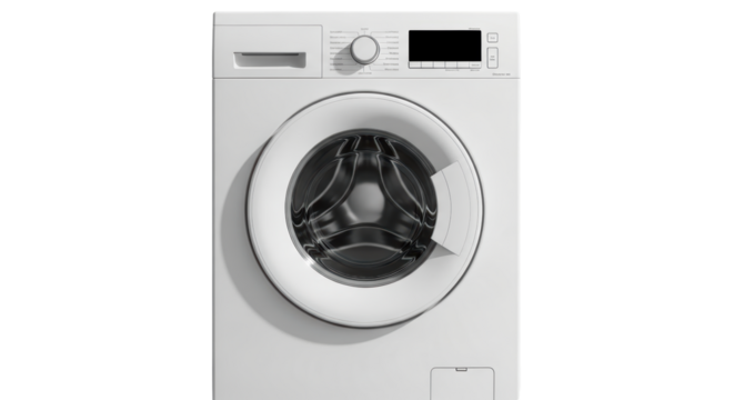 Isolated modern washing machine appliance for laundry needs, simple white home appliance