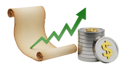Isolated illustration of scroll, upward chart line, and stack of coins suggesting success