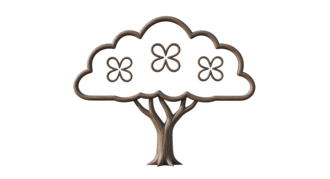 Isolated Rustic Tree Symbol with Clover Shapes and Brown Trunk and Limbs on Plain Backdrop