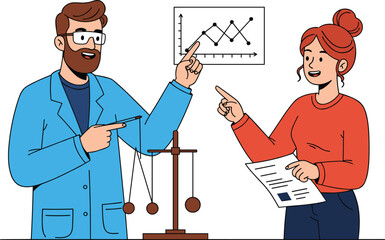 Male and female scientists discussing pendulum experiment and data chart, collaborating on physics project, research analysis, scientific study, education, teamwork, STEM learning 