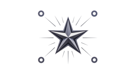 Isolated five-pointed star emblem with beams and circles, polished metal, modern decorative symbol