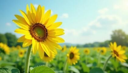 Fototapeta premium Single tall sunflower, vibrant yellow bloom, green stem, nature, wildflower
