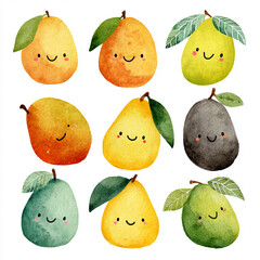 Charming Watercolor Kawaii Mango Collection with Smiling Faces