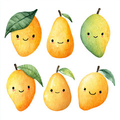 Charming Watercolor Kawaii Mango Collection with Smiling Faces
