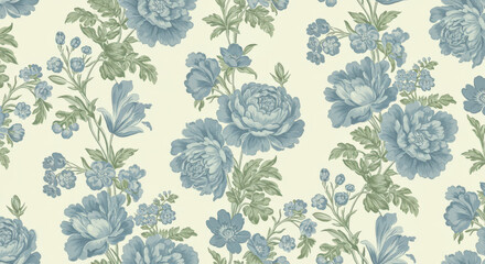 Exquisite Floral Wallpaper Design Featuring Blue Peonies and Delicate Green Foliage for Elegant Interior Decorating and Timeless Home Styling with a Classic Touch