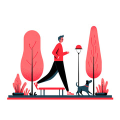 Young Man Jogging with Dog in Vibrant Park with Colorful Trees