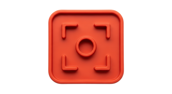 Isolated orange square with rounded corners, a circle in the center, and four curved lines