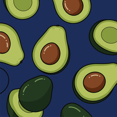 Avocado Seamless Pattern with Halves and Pits on Dark Blue Background. Healthy Food Cartoon Illustration for Textile or Wallpaper.