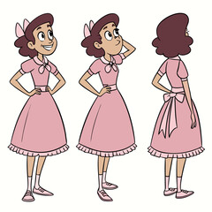 Cartoon woman in pink dress in multiple views front back side and 3/4 view