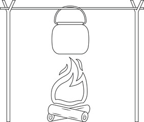 Cooking Pot on Campfire Outline Icon Illustration on Transparent Background