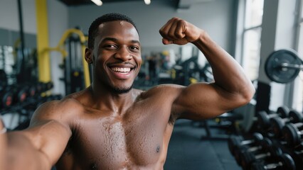Black man, strong and fitness selfie, gym and exercise portrait, after workout and weight training, happy and flexing arm. Cardio, endurance and smile, sweat for sport and bicep, body and wellness
