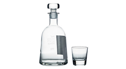 Isolated clear glass decanter with stopper and drinking glass, empty, liquor, glassware
