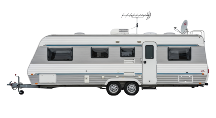 Isolated RV trailer, mobile home with antenna and satellite dish for camping vacation