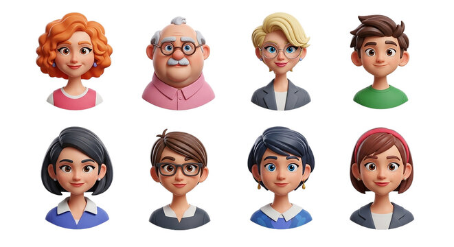 Diverse collection of 3D character avatars representing a modern family business professionals on transparent background