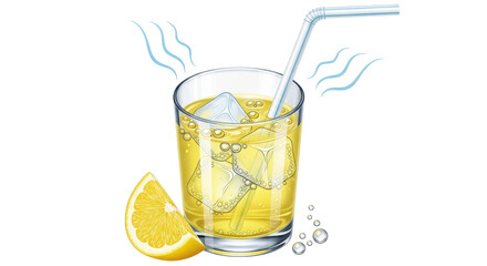 Isolated refreshing ice cold lemonade drink in glass with straw and lemon slice drawing