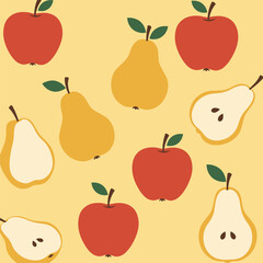 Seamless Pattern with Red Apples and Yellow Pears on Yellow Background