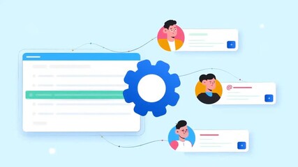 Teamwork and collaboration concept with people working together on gears, showing productivity and business success