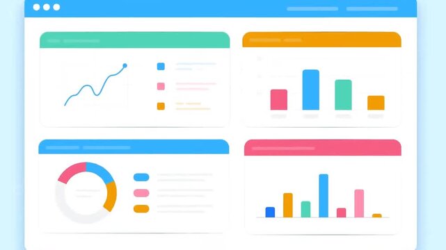 Modern animated dashboard interface with colorful analytics charts and data visualization in flat design - Powered by Adobe
