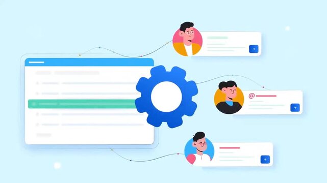 Teamwork and collaboration concept with people working together on gears, showing productivity and business success