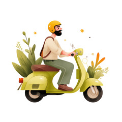Man Riding Scooter Surrounded by Lush Greenery and Flowers