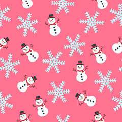 Winter wonderland with snowmen and snowflakes festive background digital art playful theme bright colors, seamless pattern